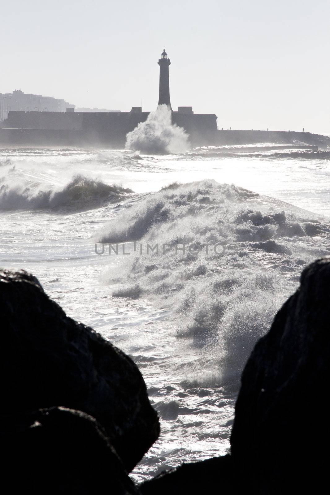 Black and White atlantic coast in front of the moroccan capita, Rabat