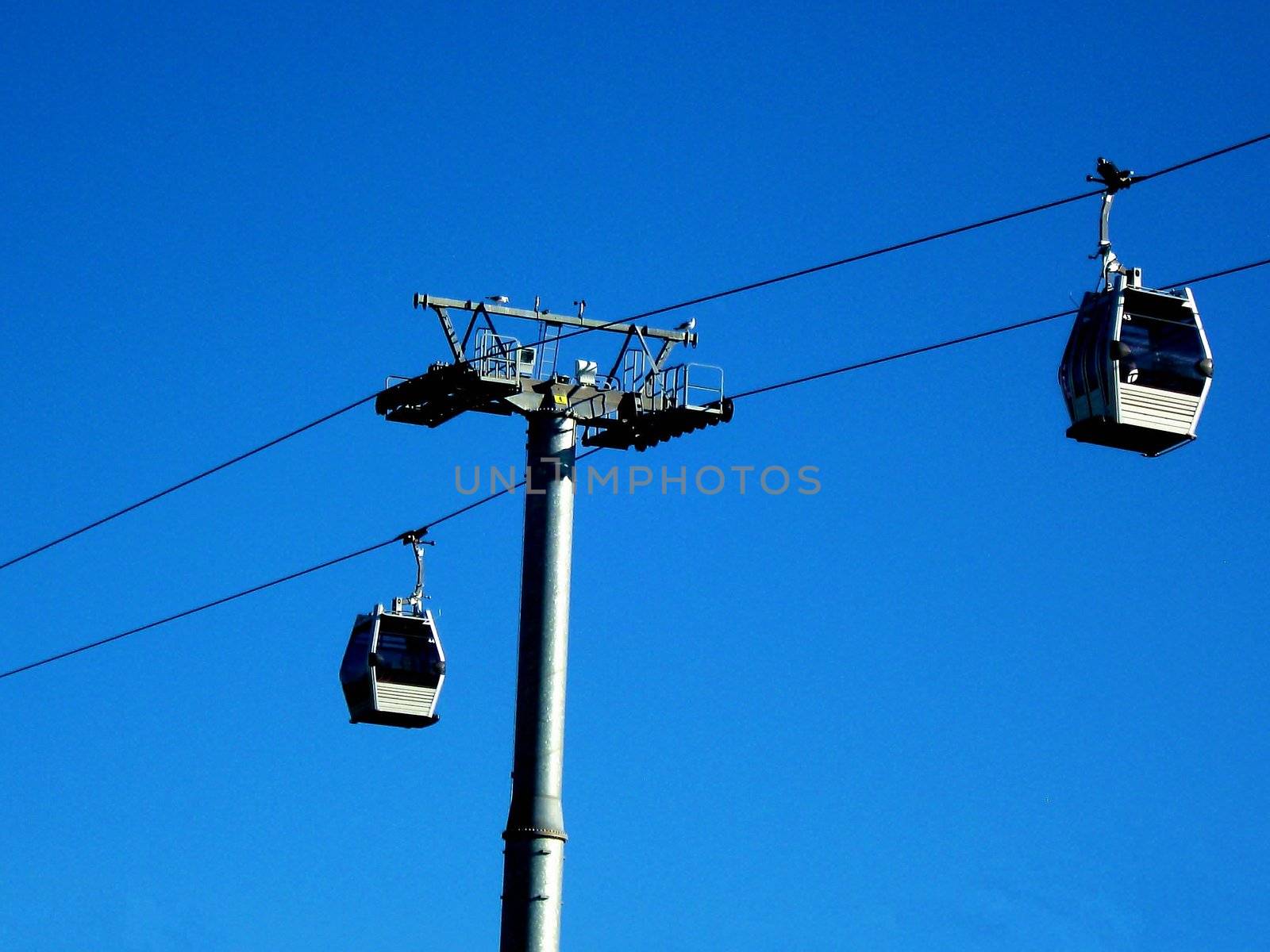Gondolas ascending a mountain on a chairlift