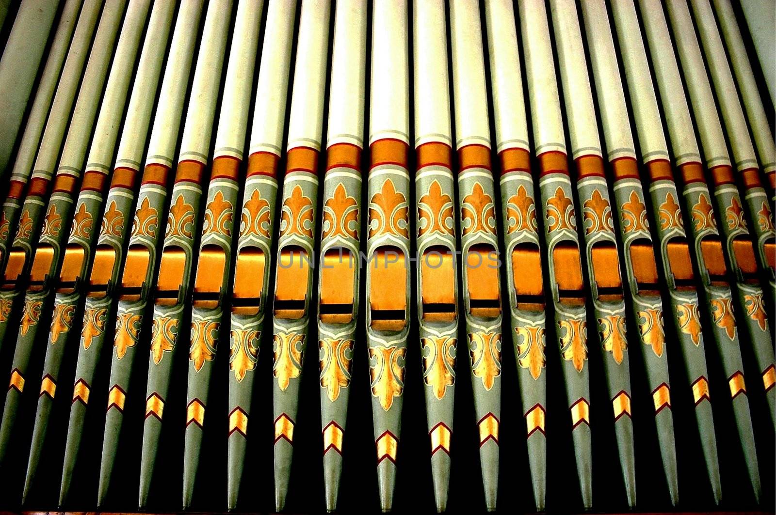 Close up view of pipes from a church organ