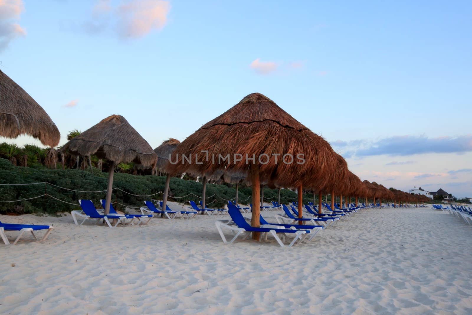 Palapas and beach chairs at sunrise before the crowd