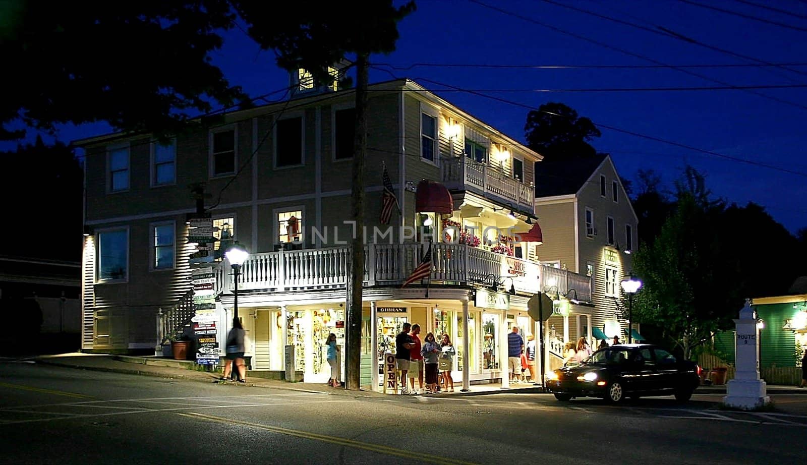 Street corner at night from Kennebunk Port