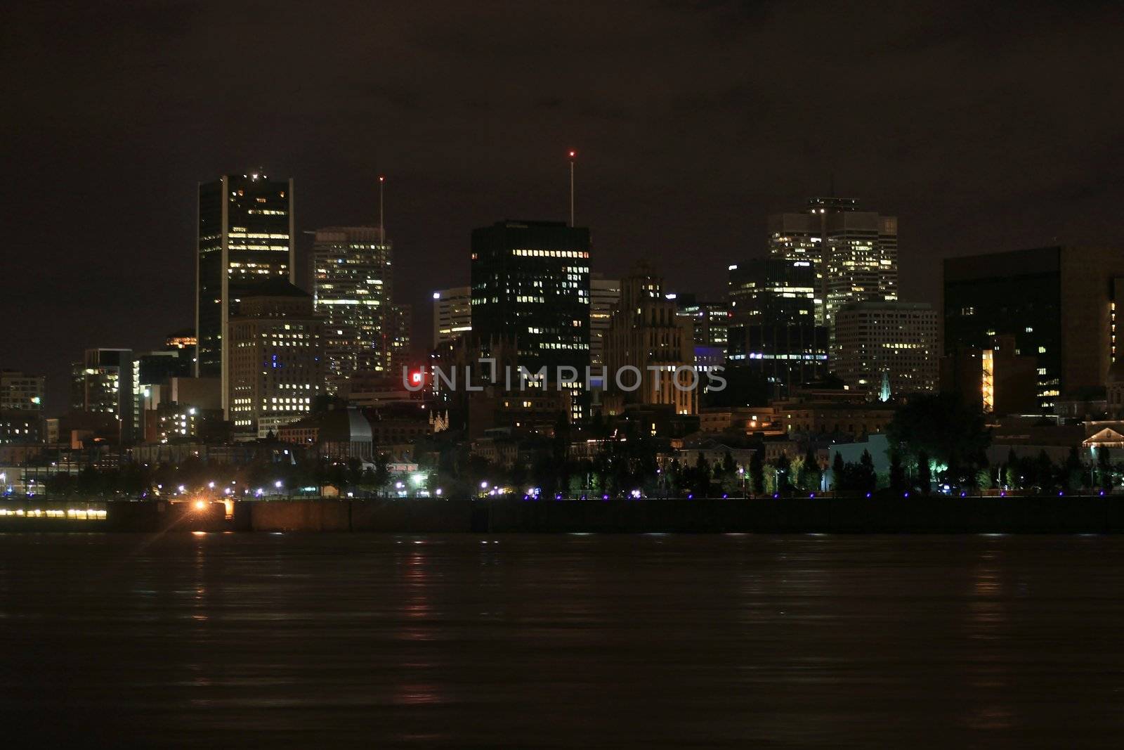 Water edge of Montreal skyline early winter morning