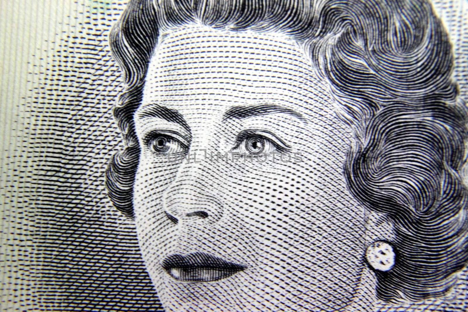 Close up of head of Queen Elisabeth on a canadian dollar bill