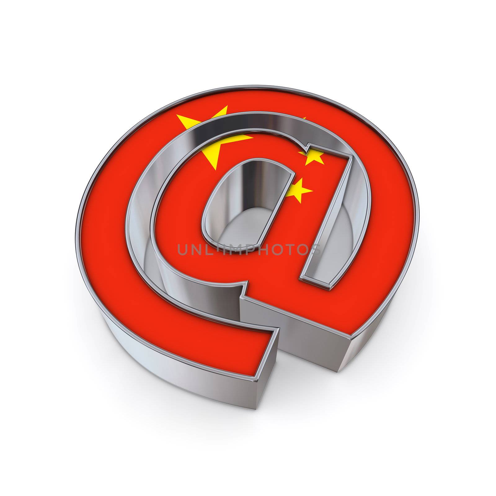 silver shiny chrome @-symbol on white background with China flag texture