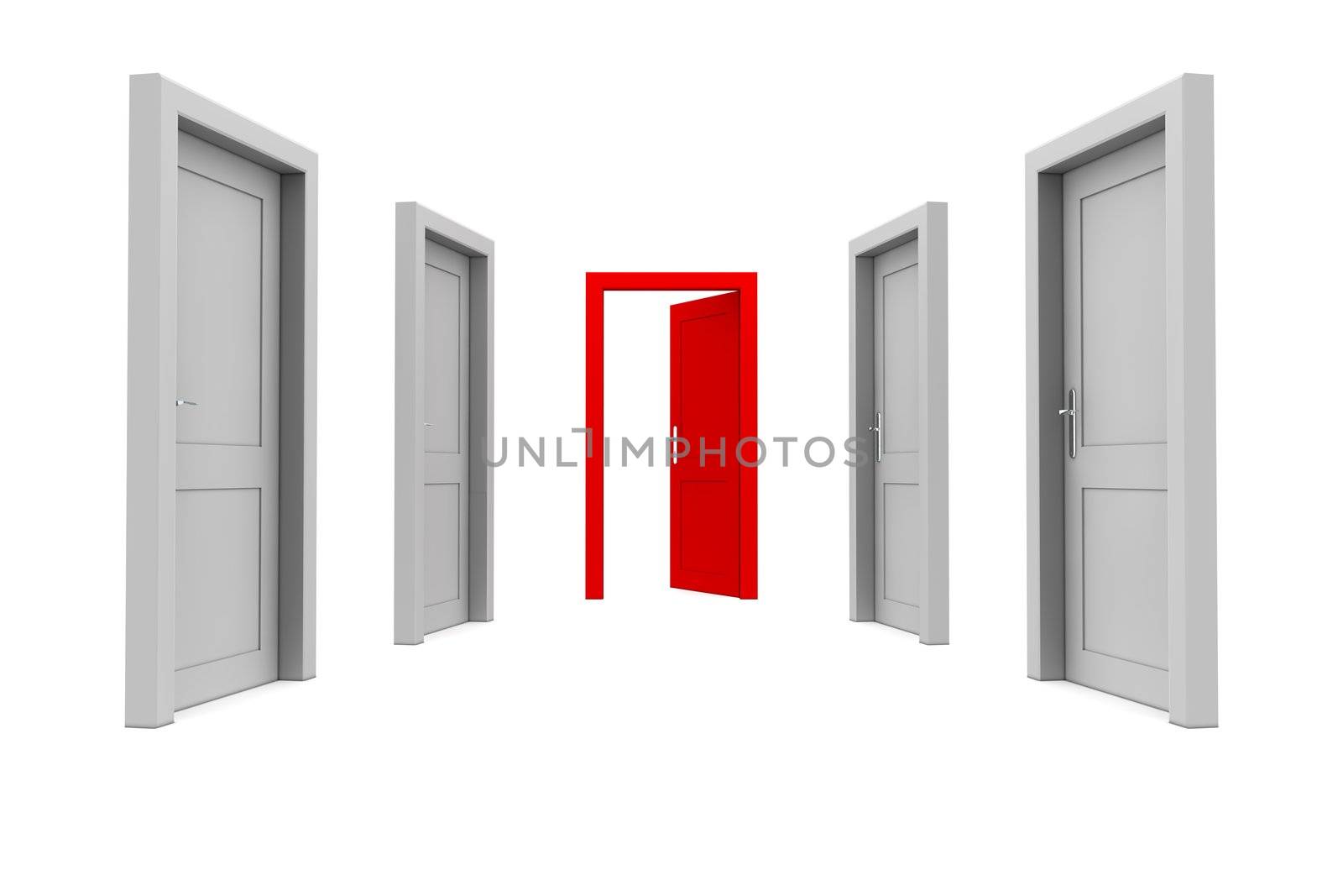 abstract hallway with gray doors - one red door open at the end of the corridor