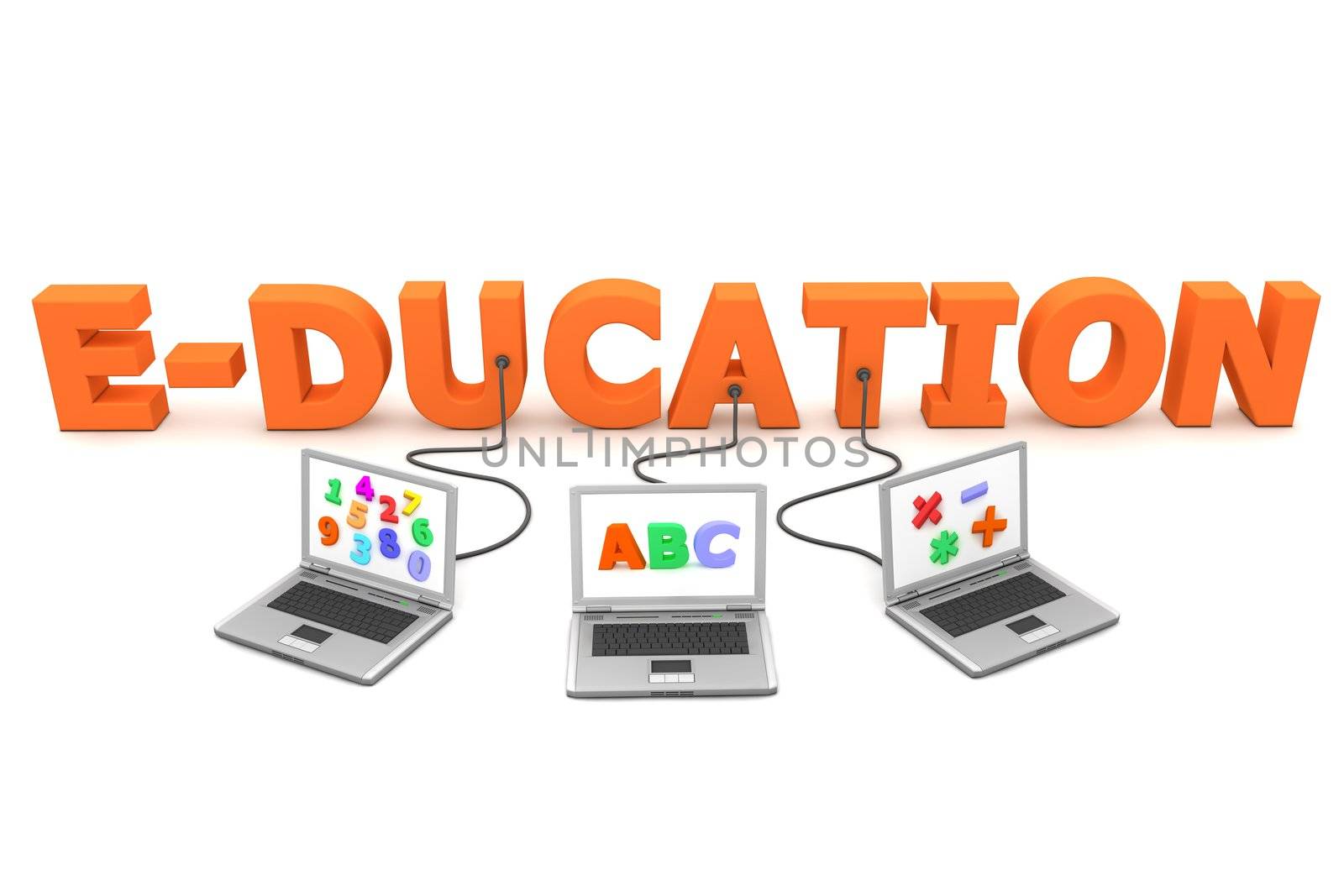 three laptops with different letters, numbers and symbols on the screen are connected to the orange 3D letters EDUCATION