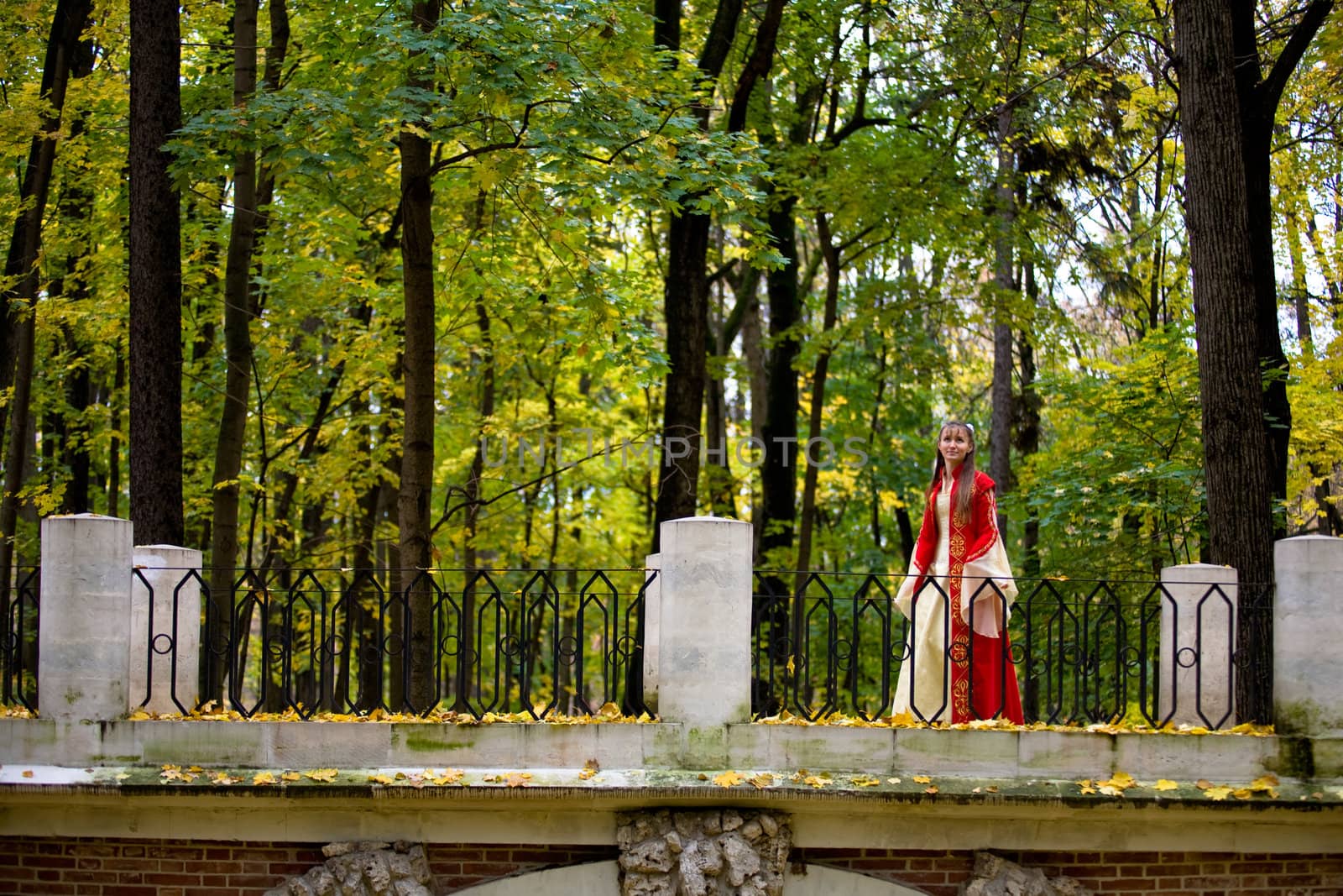 lady in medieval red dress in the autumn forest
