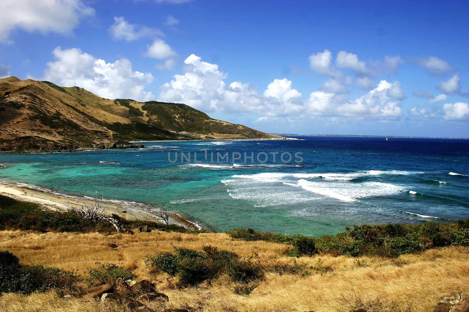 Mountain on St-Martin coastline with green sea.