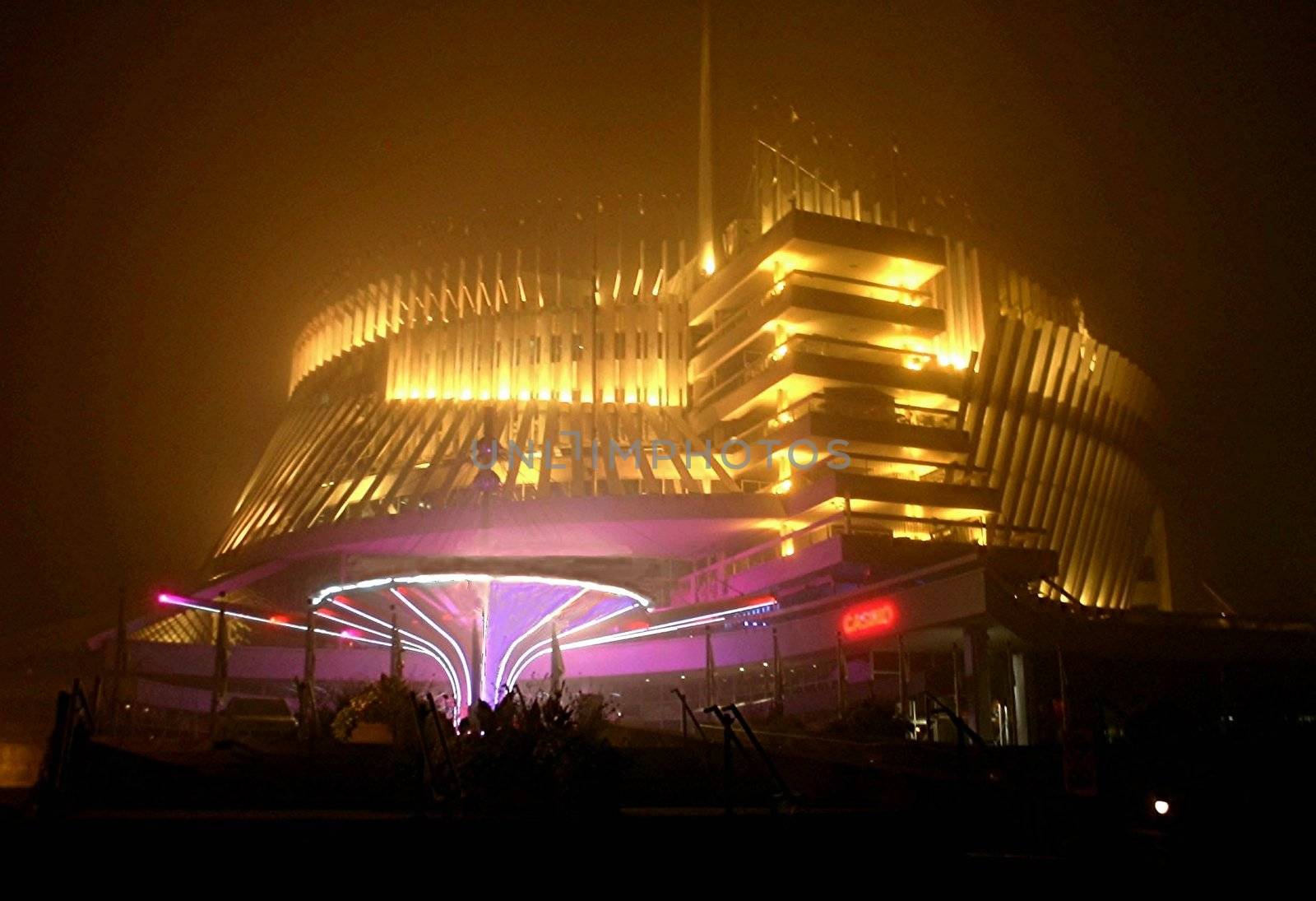 Montreal casino taken on a foggy night