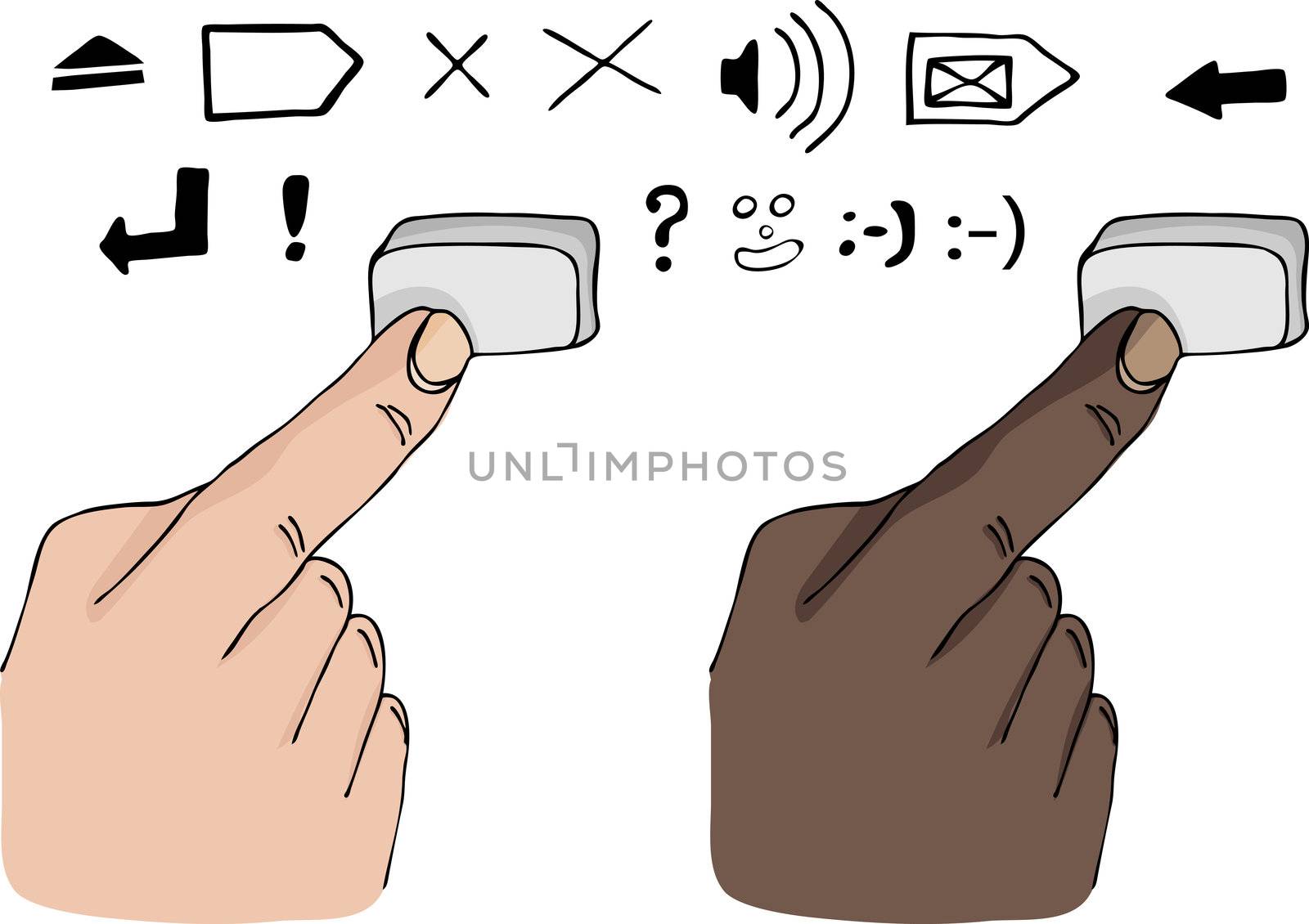 Two different skin-color fingers press a blank keyboard button