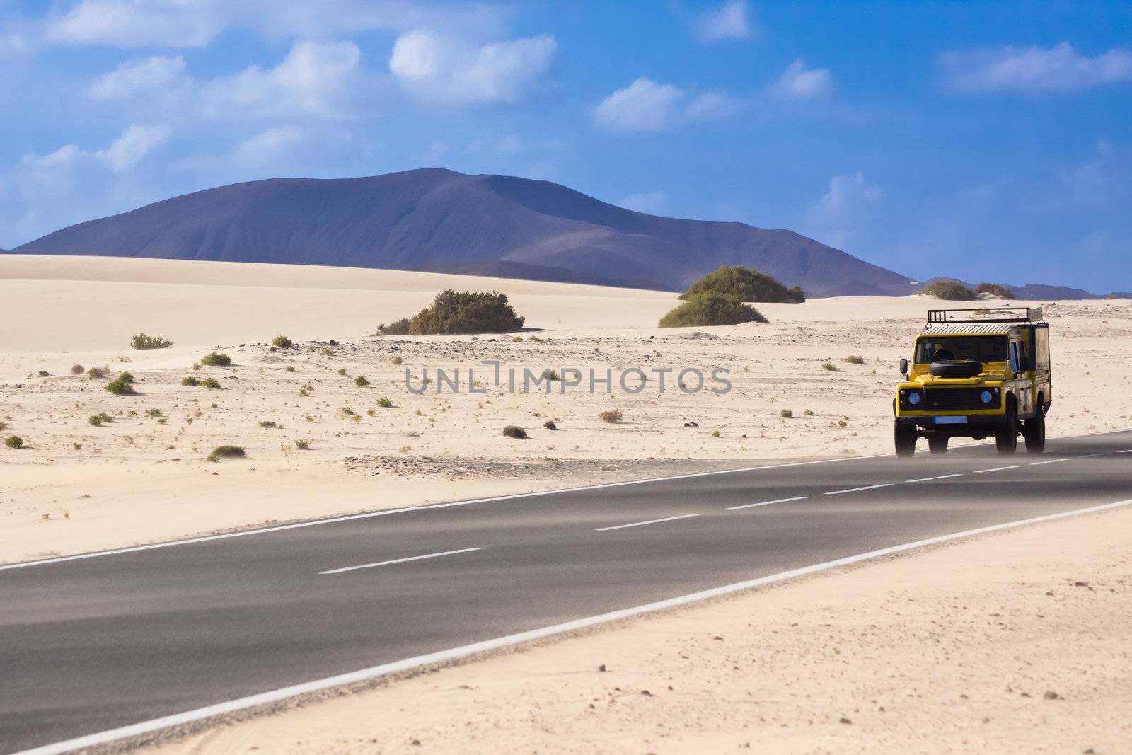 Jeep on the road crossing the desert.