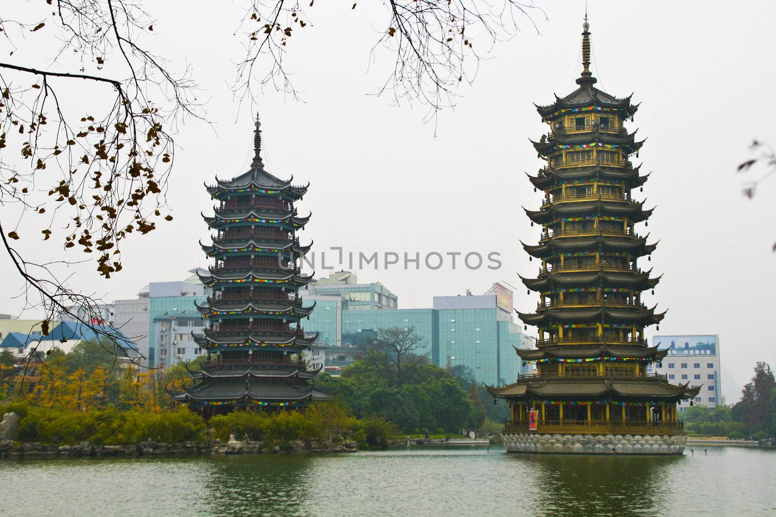 Chinese pagodas located in the middle of the pond in Guilin.