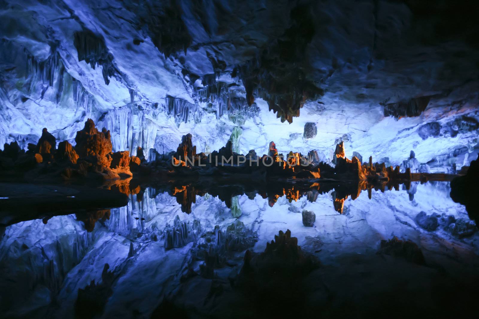 Underground lake in the Reed Flute Cave (Lu Di Yan) near Guilin in China
