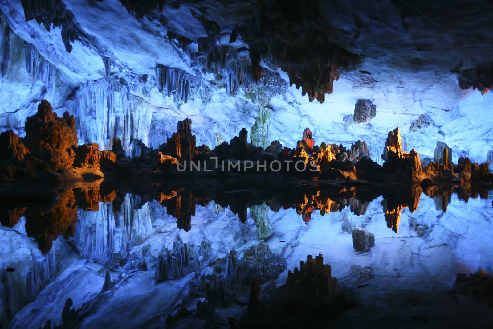 Underground lake in the Reed Flute Cave (Lu Di Yan) near Guilin in China