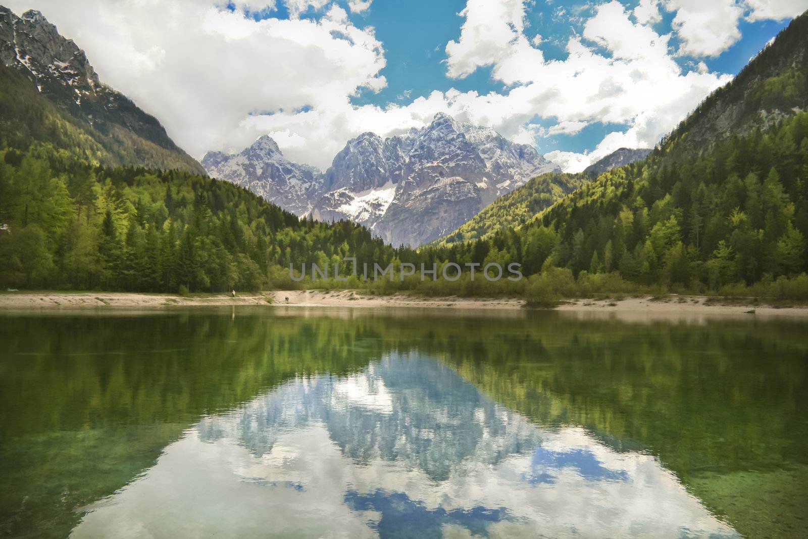 Panoramic view of the Jasna Lake and Slovenian Alps