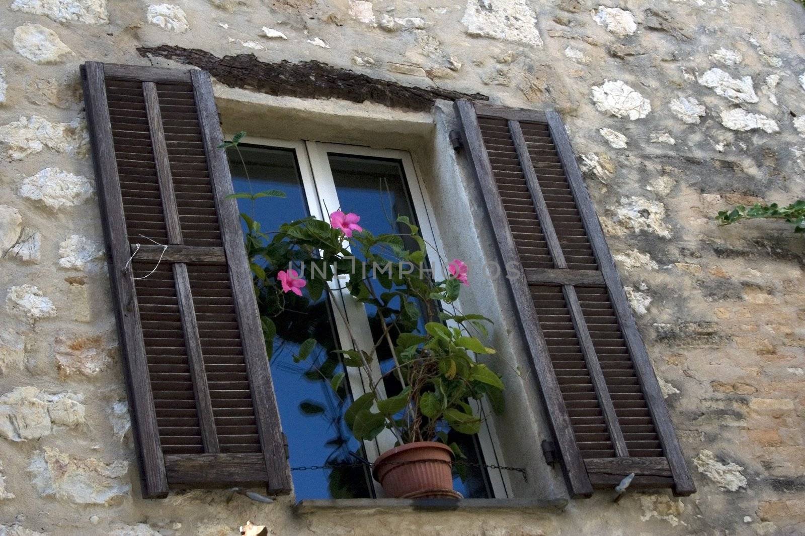 Nice window with the flowerpot in medieval house