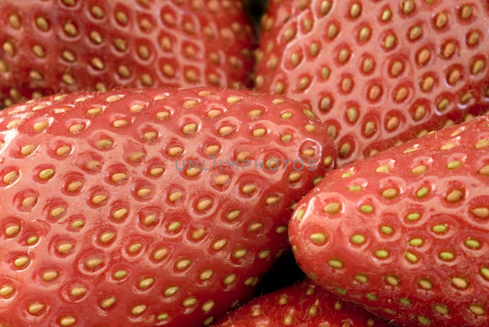 close up on five ripe red strawberries