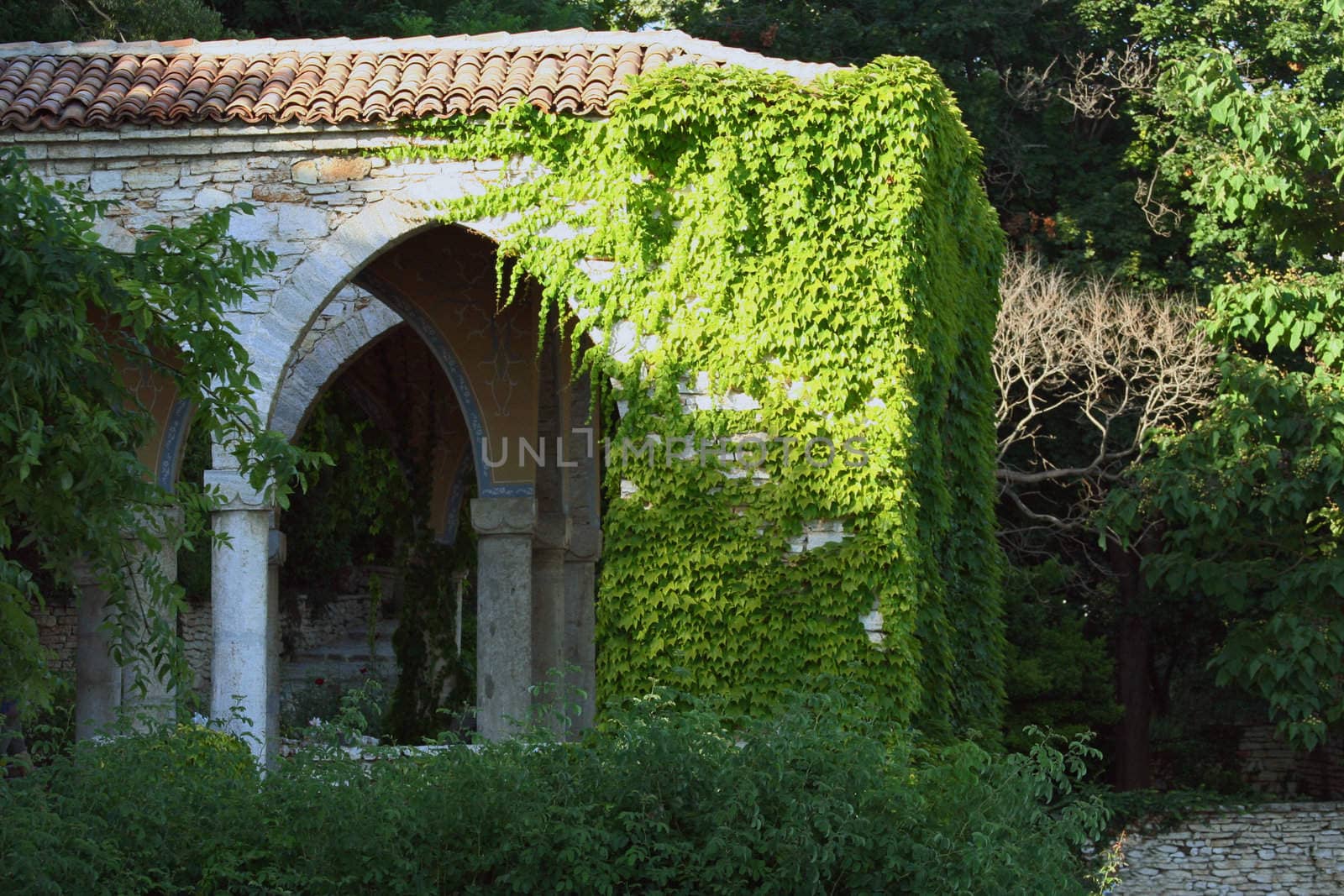 Opened pavilion with patterned archs and ivy growing on it