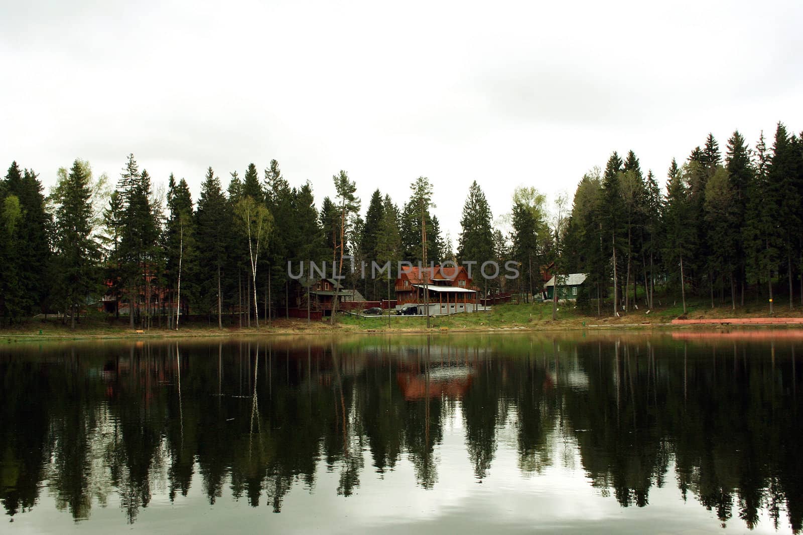 rural lake with the forest reflected in its water and little house on the other side