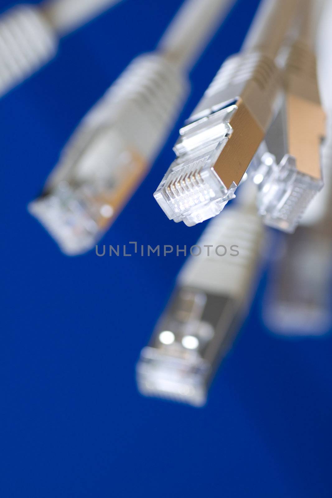 white utp cat5 network cables blue background