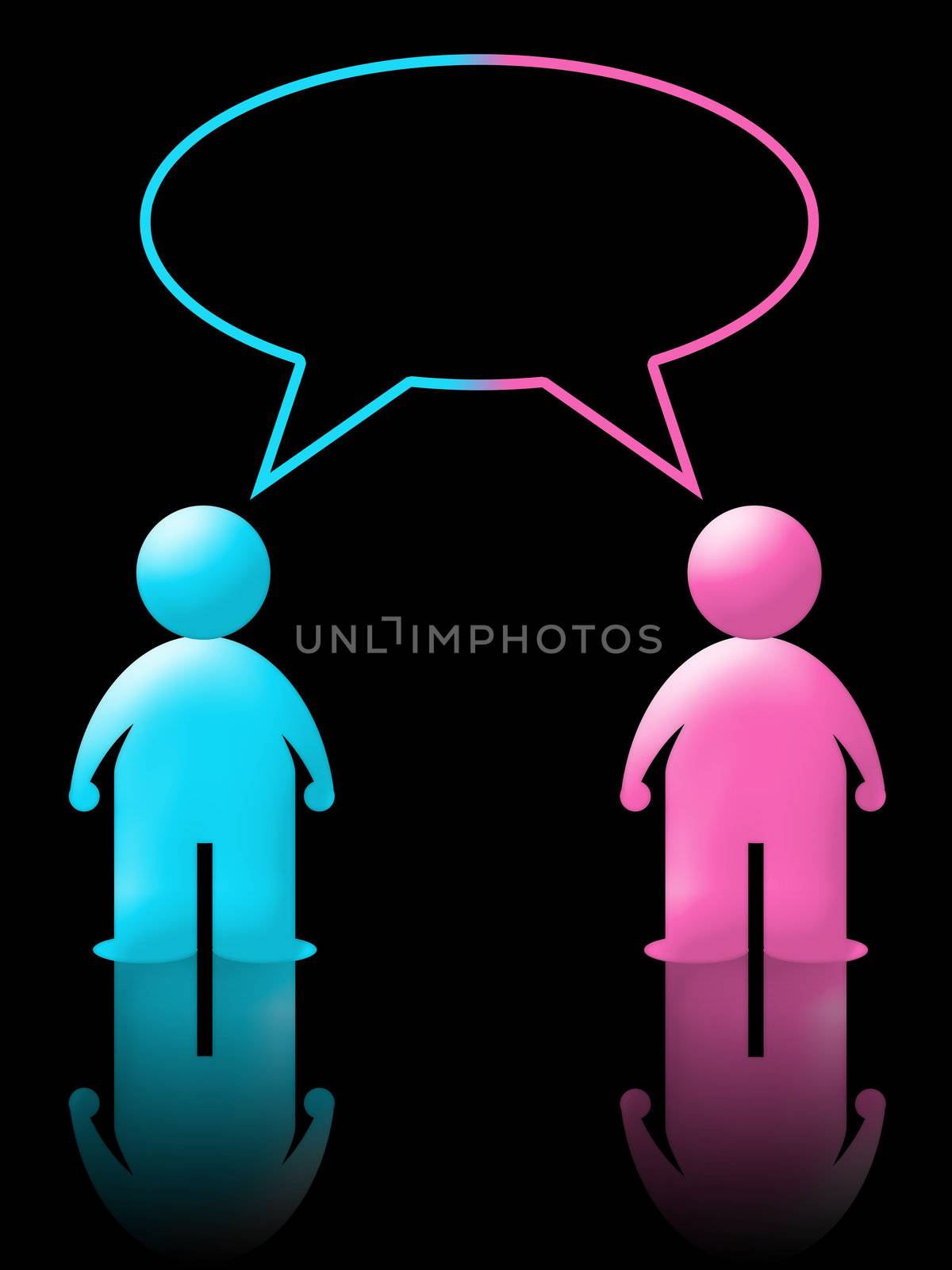 girl and boy talking in instant messenger or chat. black background and reflection
