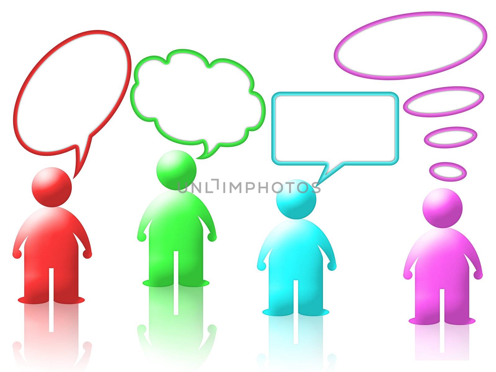 group of people who interact in chat or live messenger. white background and reflection
