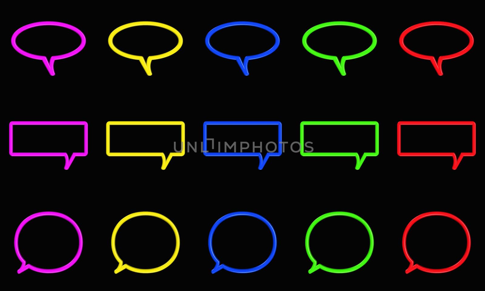set differents icons neon style. speech and thought bubbles on a black background. ideal for chat and website
