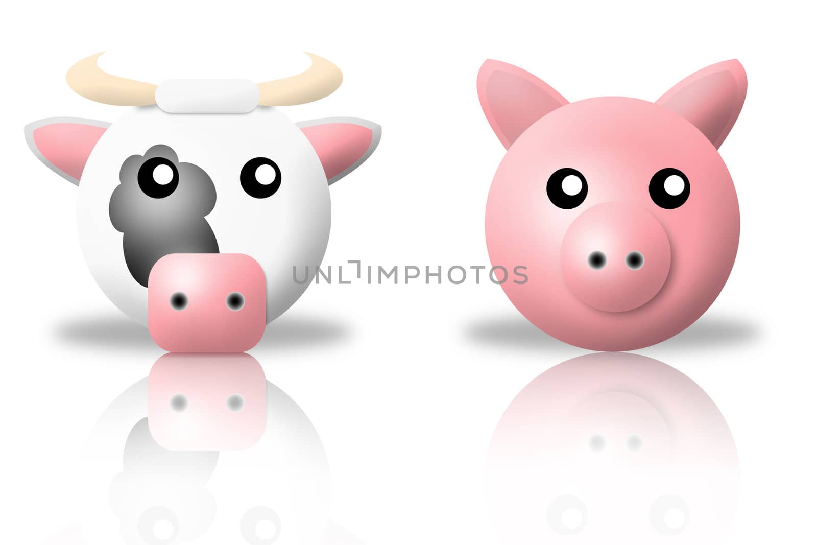 animals icons - cow and pig. white background and reflection
