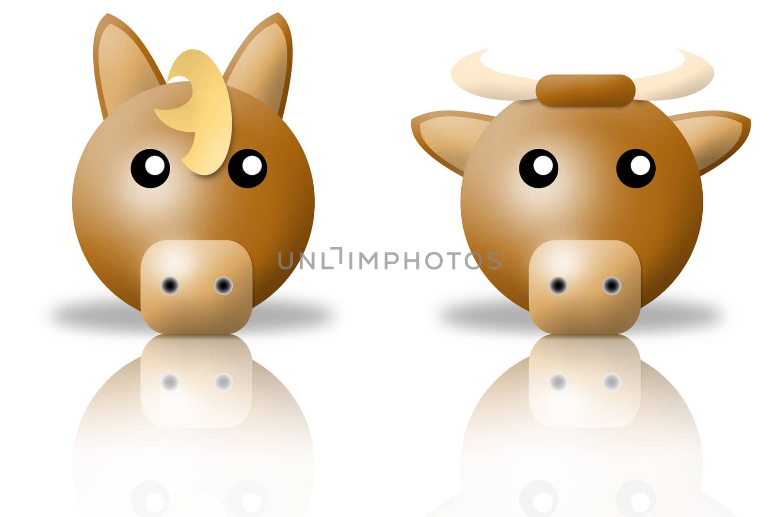 animals icons - horse and bull. white background and reflection
