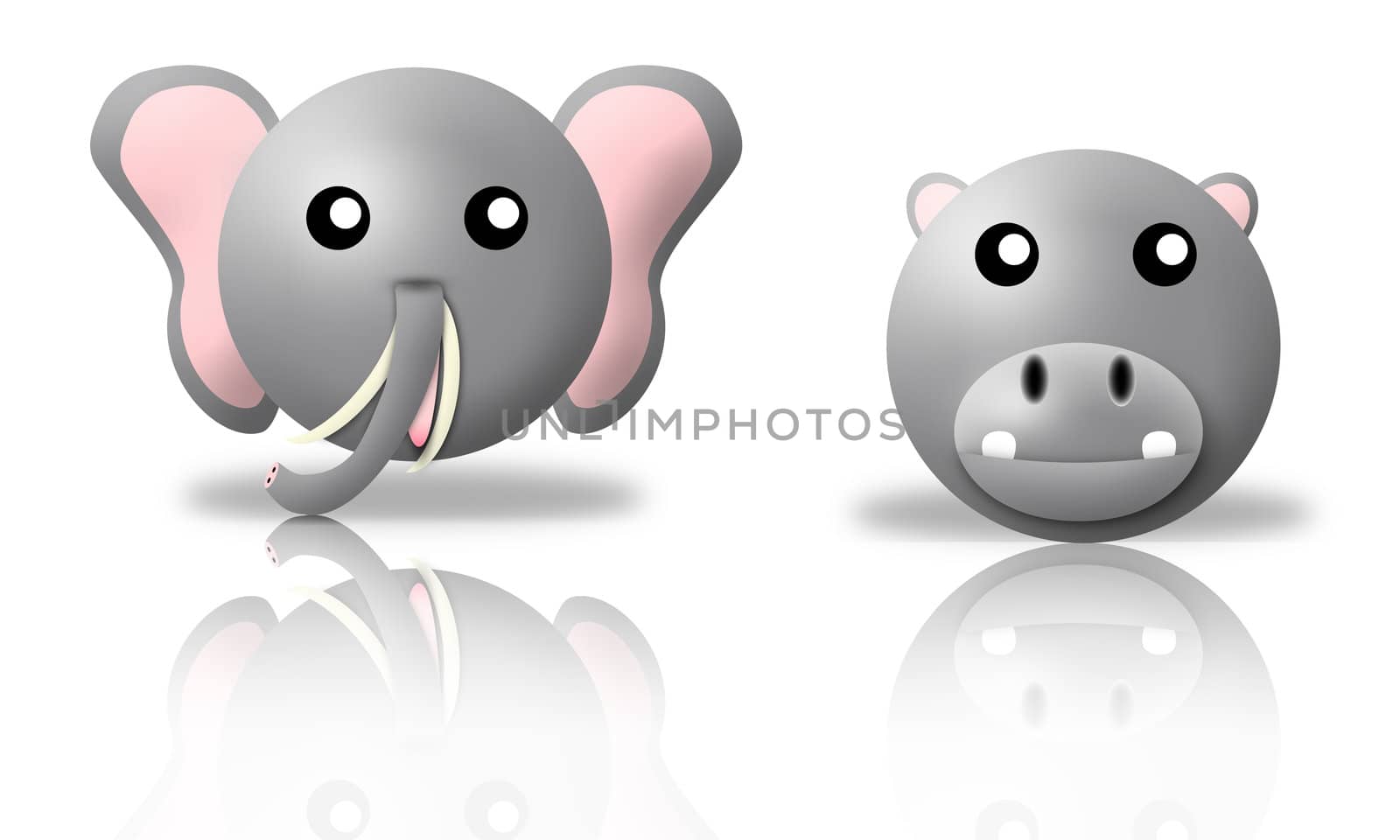 animals icons - elephant and hippopotamus. white background and reflection
