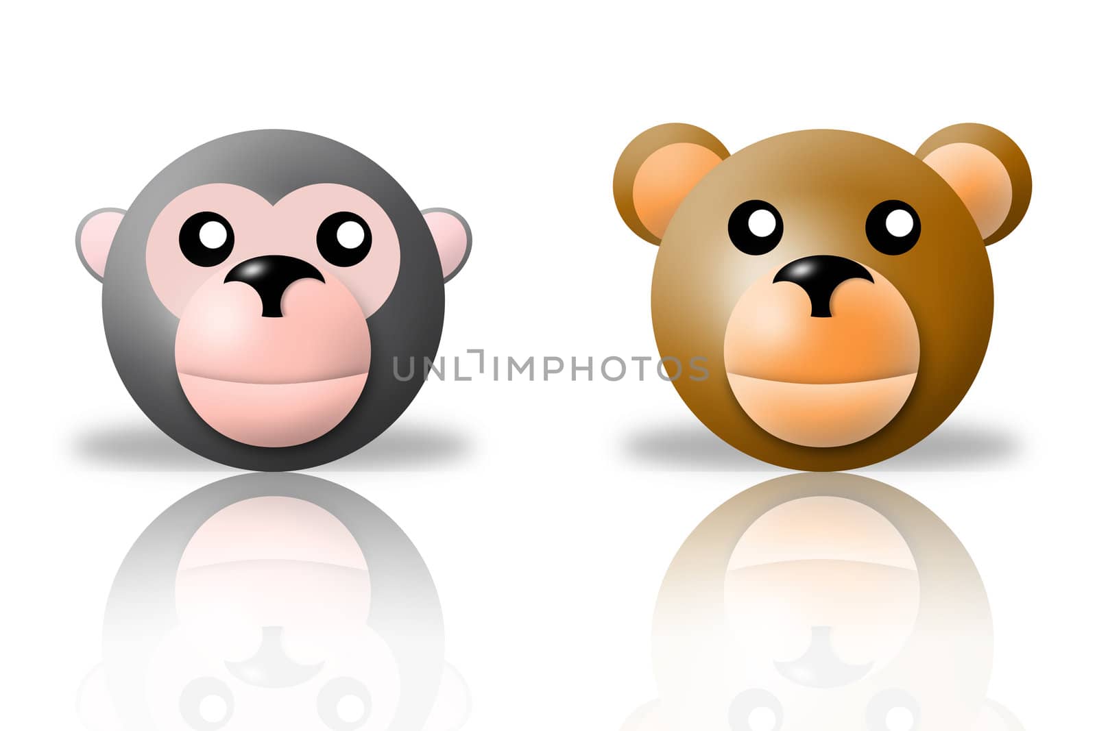 animals icons - monkey and bear. white background and reflection
