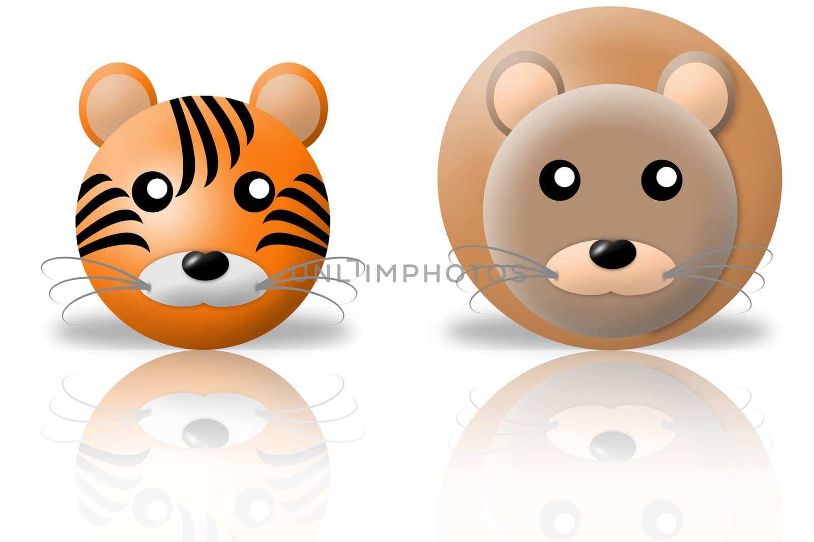 animals icons - tiger and lion. white background and reflection
