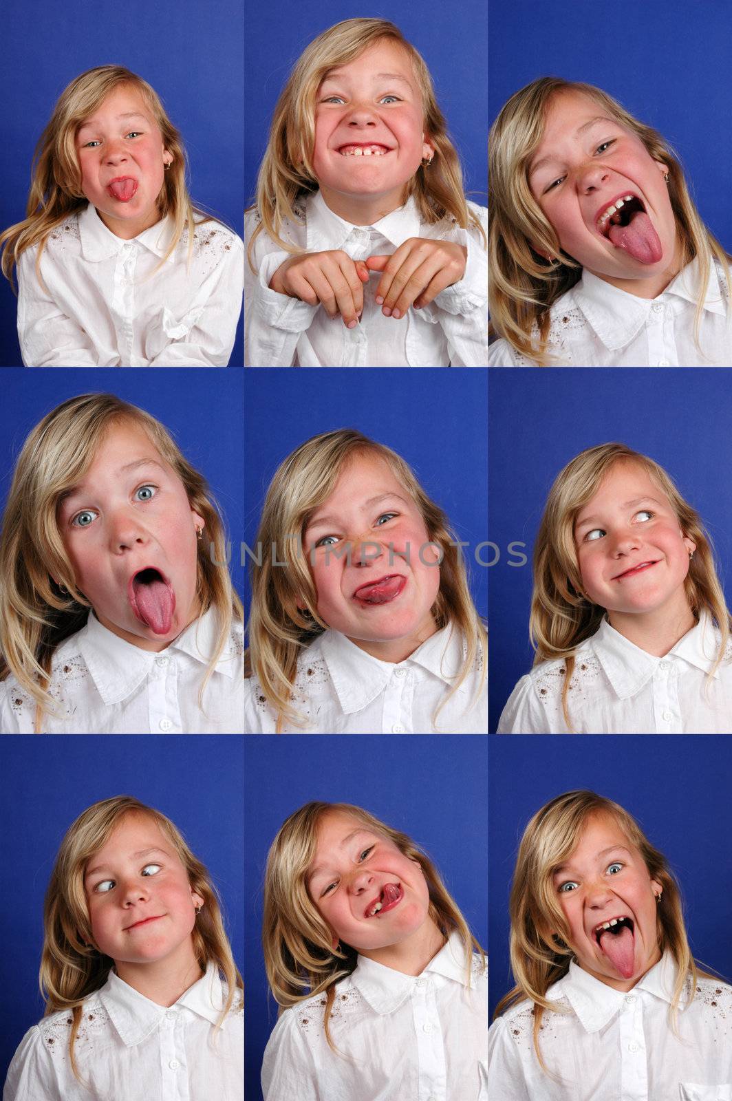 young blond girl making funny faces (9 photos in total)