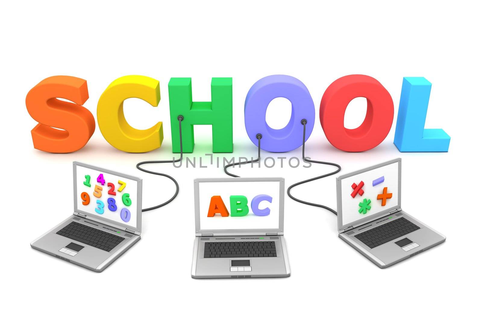 three laptops with different letters, numbers and symbols on the screen are connected to the multicoloured 3D letters SCHOOL