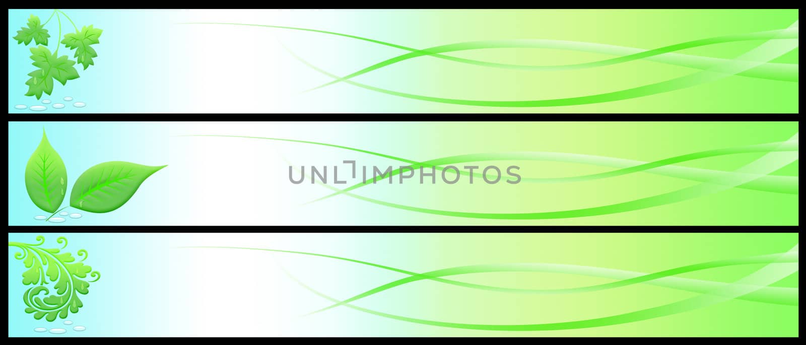 Set of three abstract floral banner in green tone a black background. easily cropping
