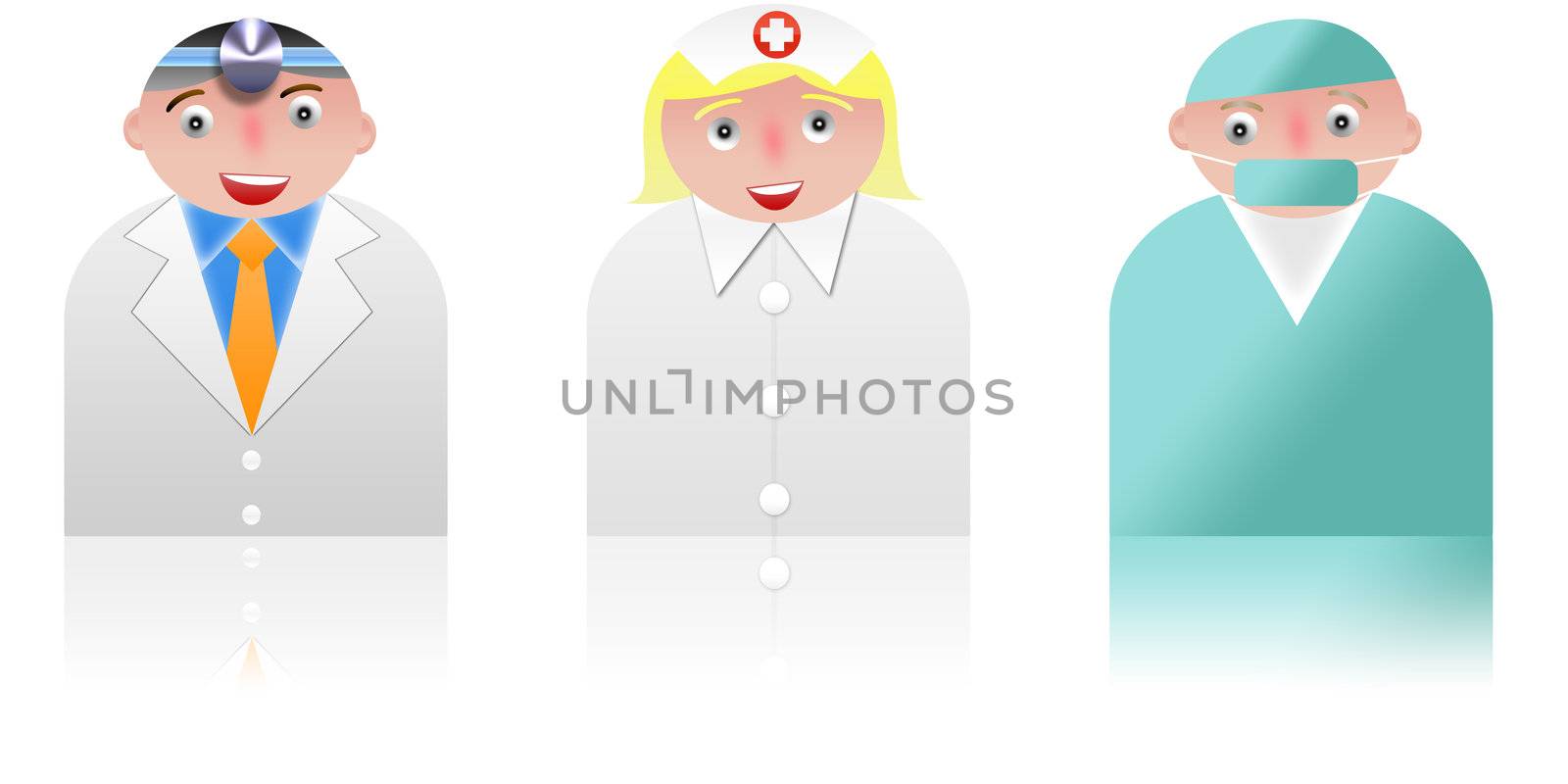 people icons of medical and health care. white background and reflection
