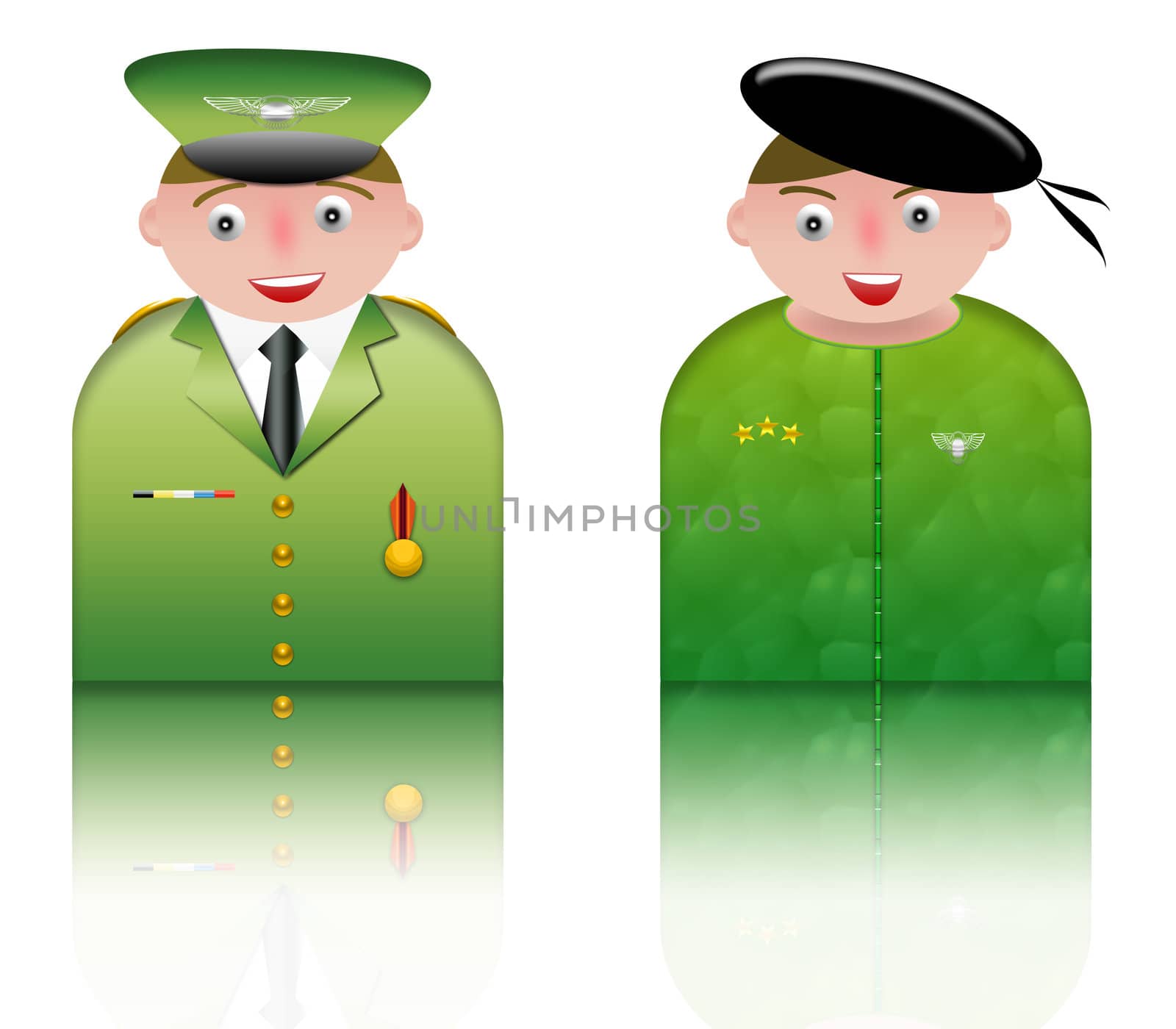 people icons of two soldiers in uniform. white background and reflection
