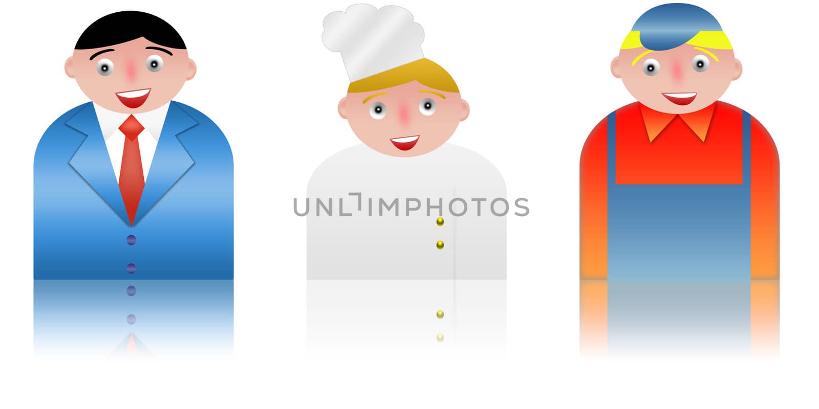 people icons of different professions. white background and reflection

