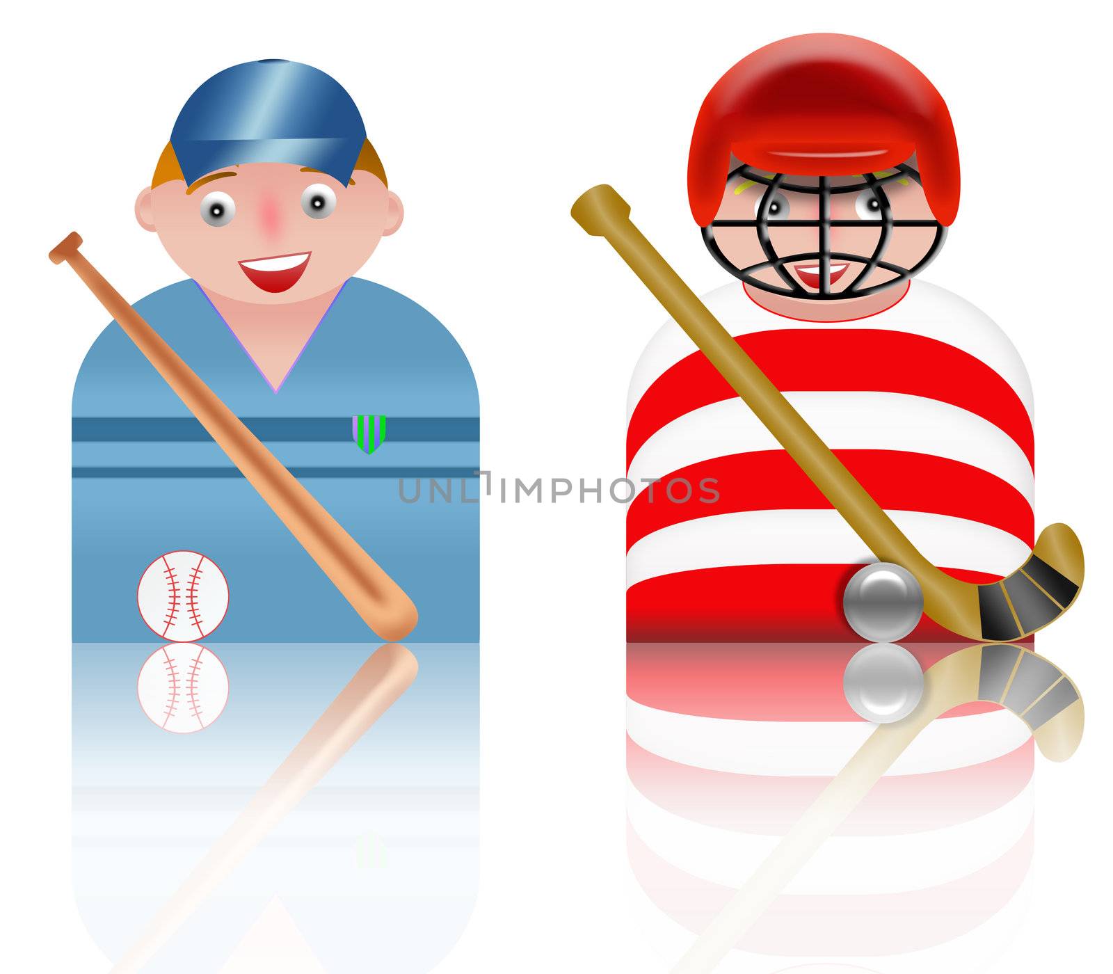 people icons sport - baseball and hockey. white background and reflection
