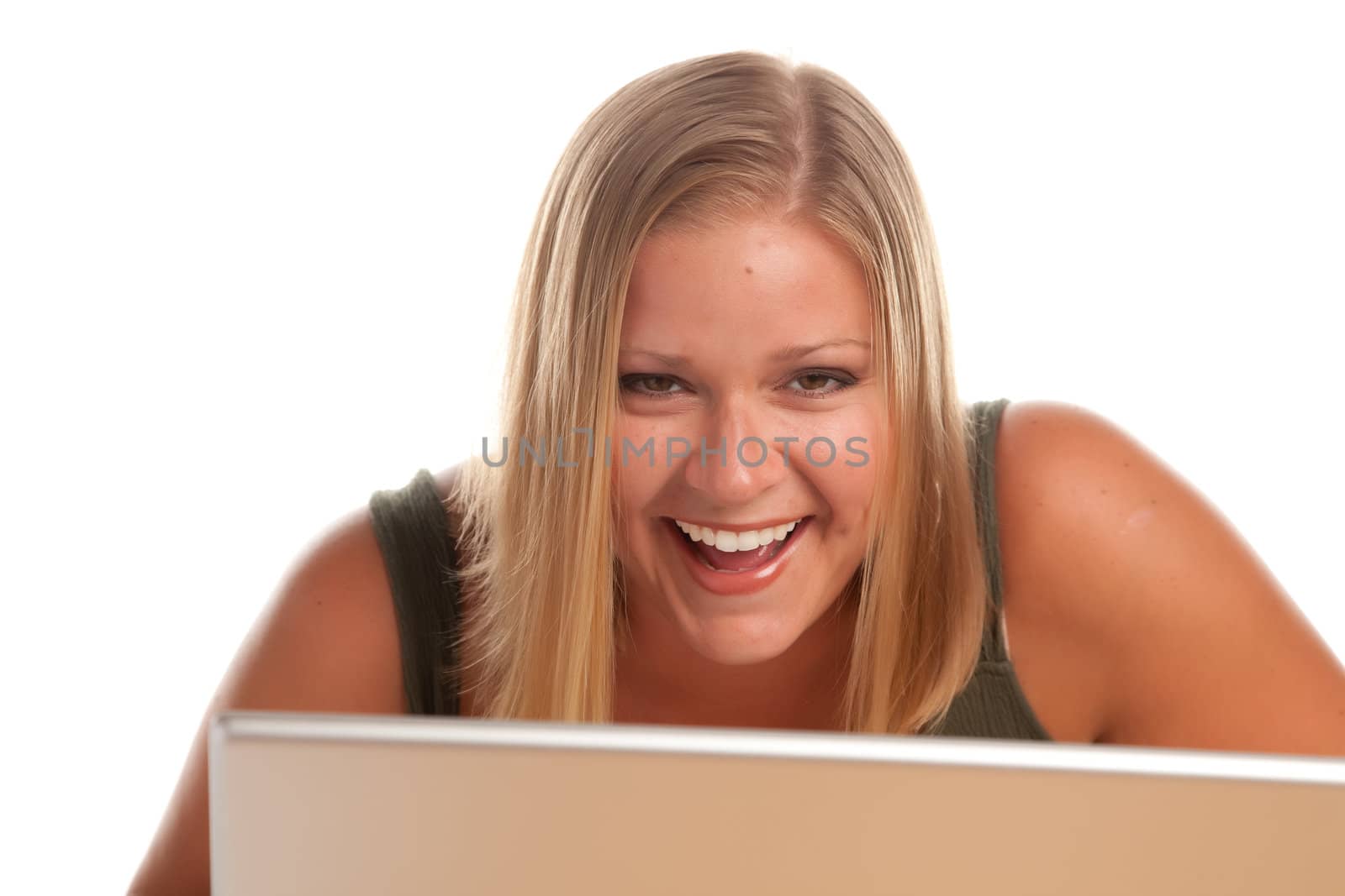 Beautiful Smiling Blonde Woman Using Laptop by Feverpitched