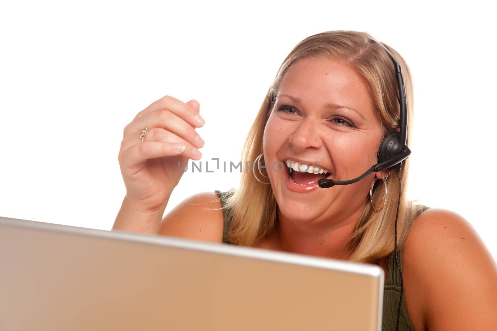 Attractive Customer Support Woman Laughs by Feverpitched