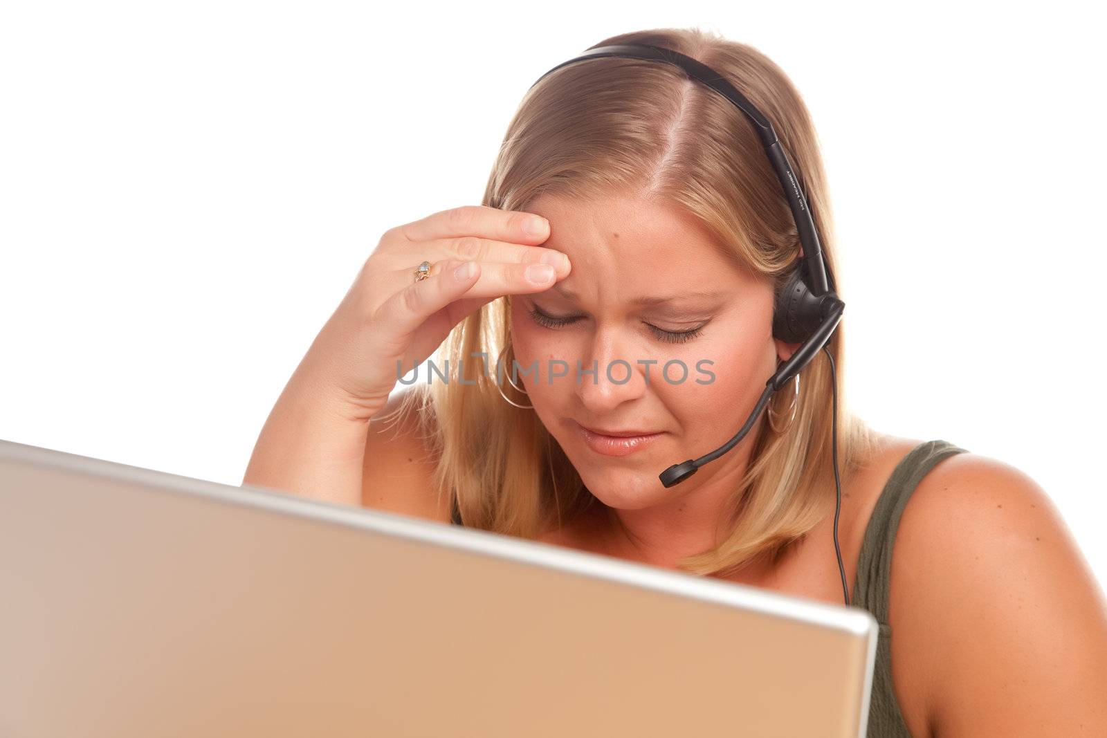 Fatigued  Businesswoman Talks on Her Phone Headset.