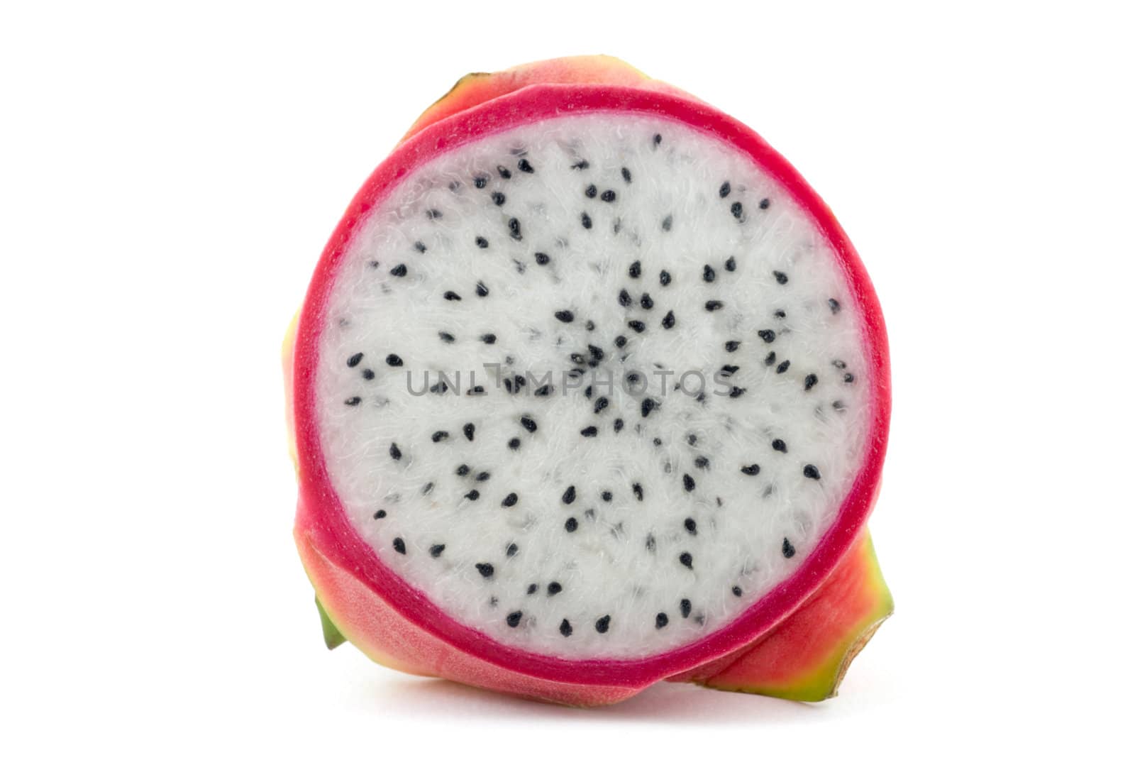 A sliced dragon fruit (Hylocereus undatus pitayas) isolated on a white background. Clipping path included. Adobe RGB color profile.