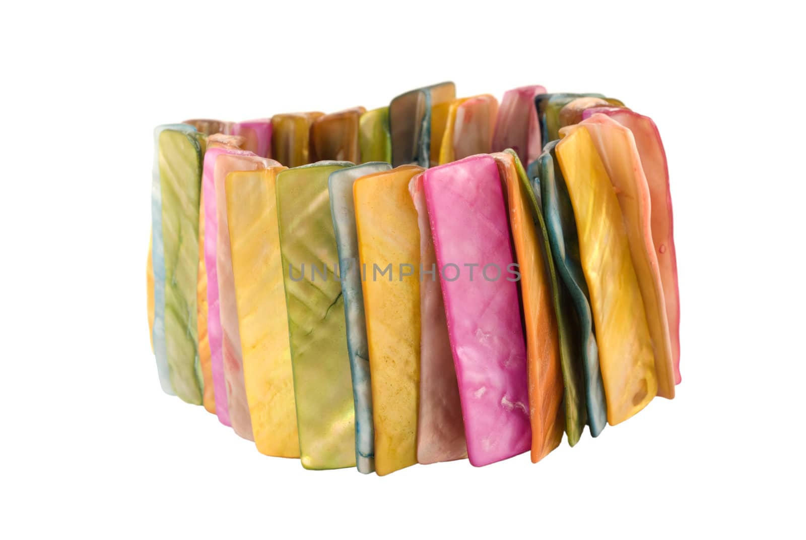 A beautiful bracelet made of colorful strips of sea shells. Isolated on white. Adobe RGB color profile.