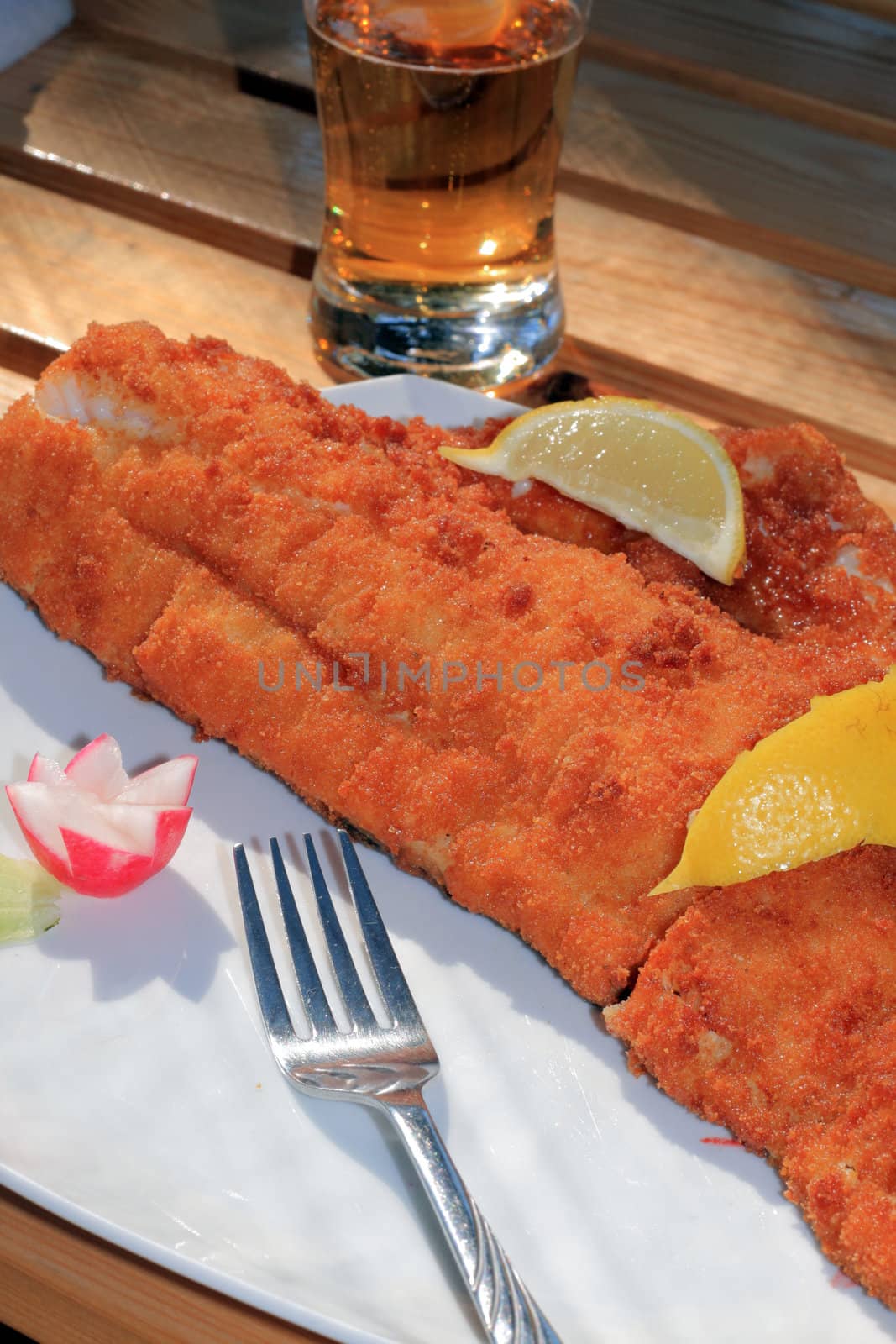 Traditional deep fried fish with lemon, radish and glass of beer
