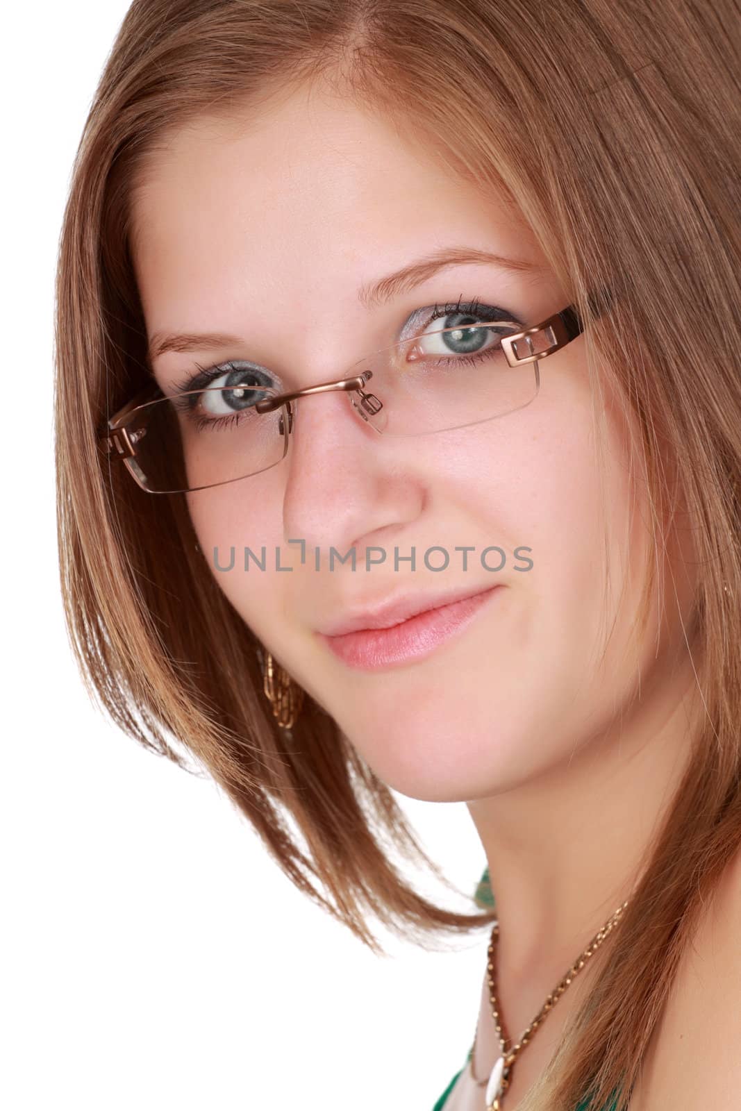cute young caucasian woman with glasses, white background