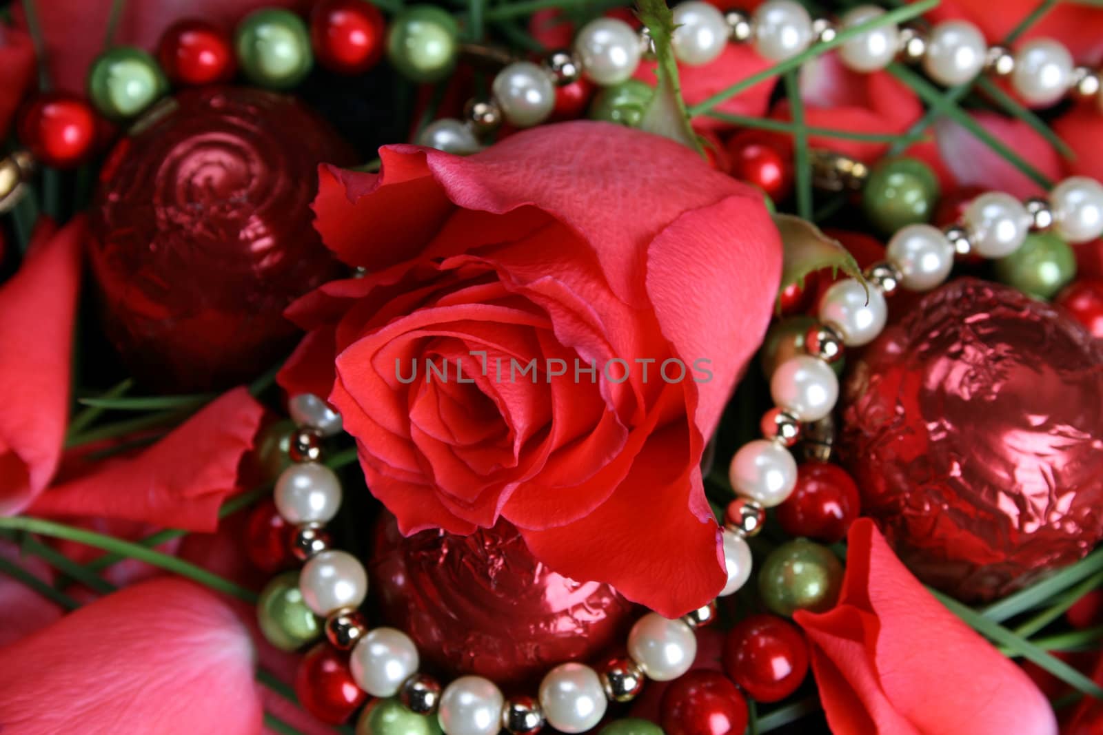 Valetines day rose with chocolates and pearls