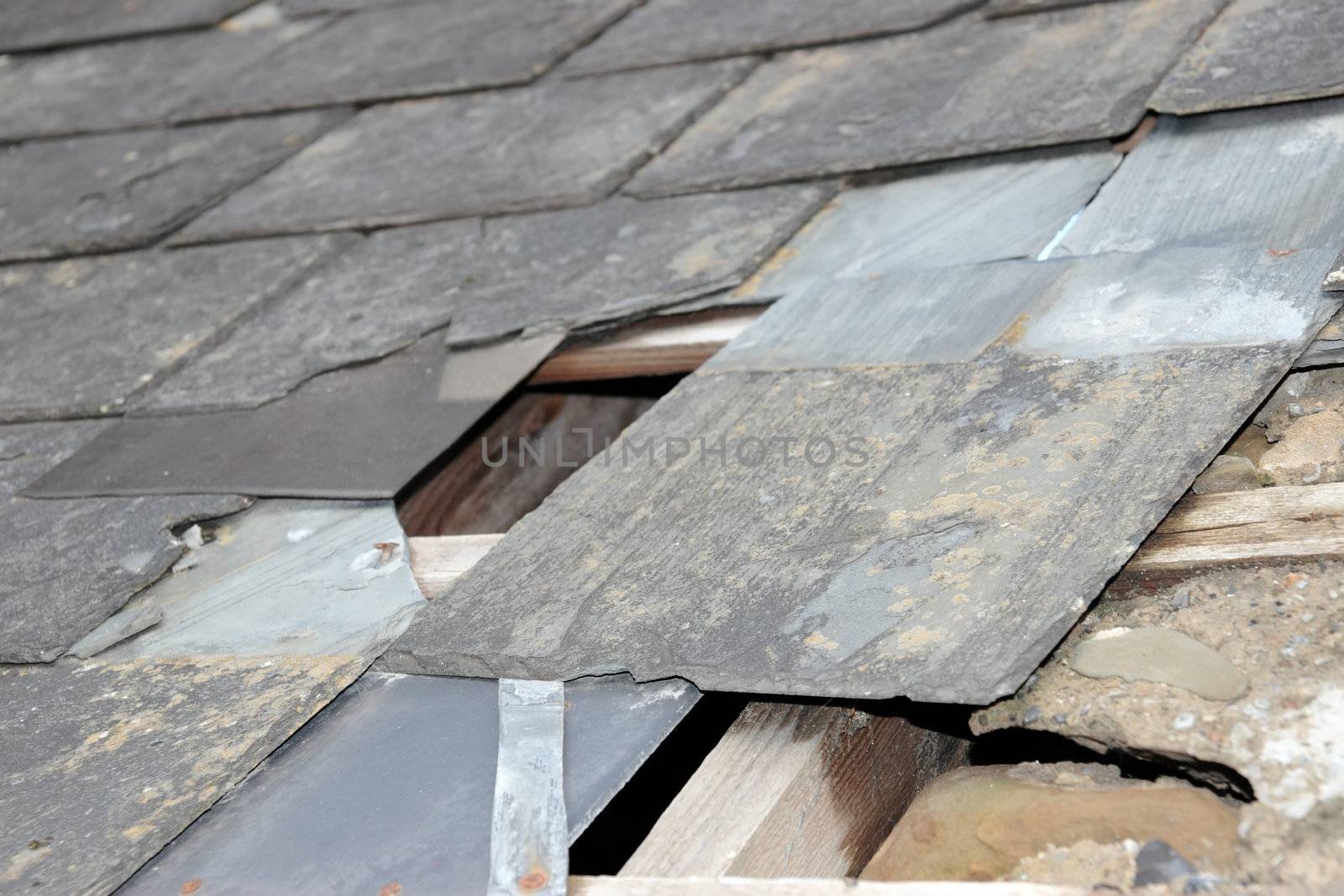 hole in a roof due to storm or decay