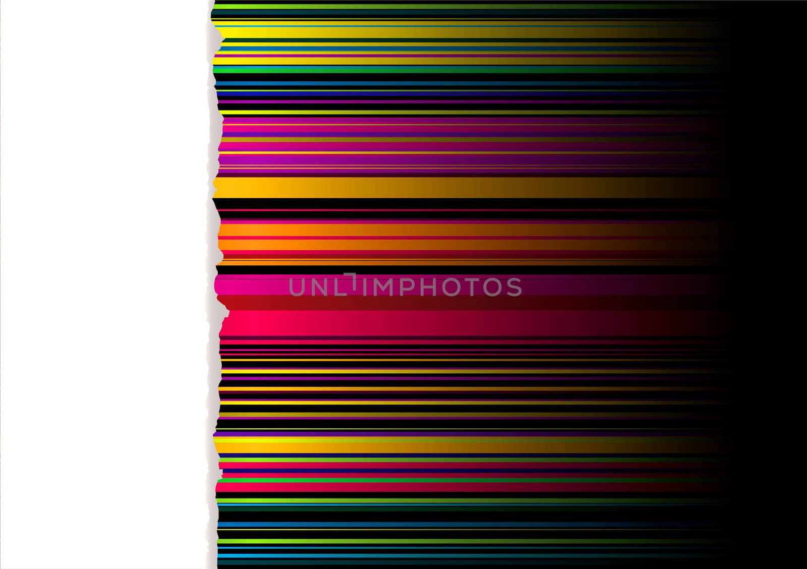 Rainbow striped ribbon background with white panel and torn edge