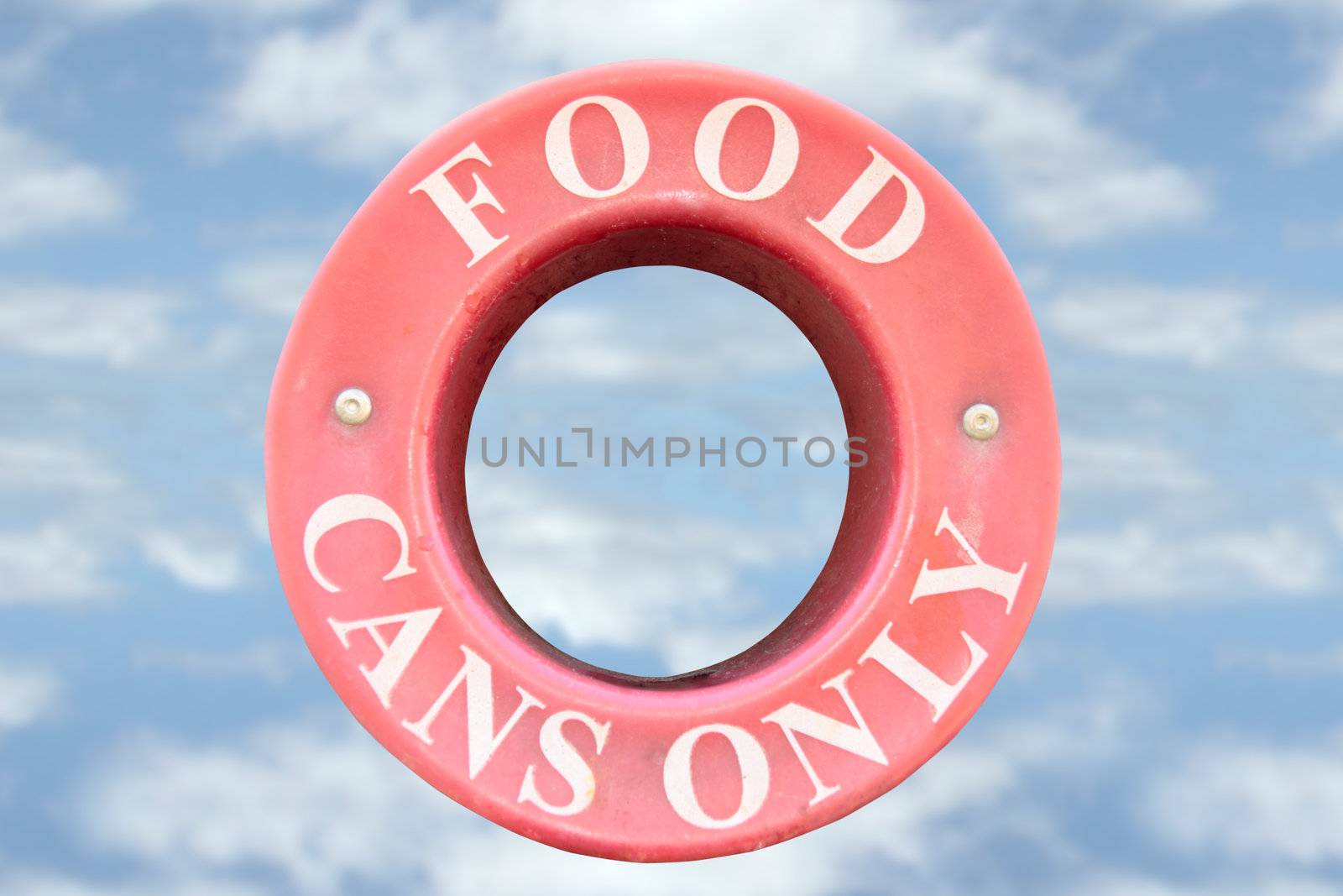 a bin sign for recycling food cans only with cloudy background